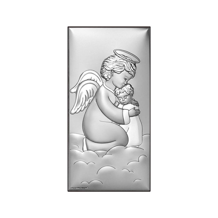 Schutzengel mit dem Kind Silberbild für Taufe Beltrami