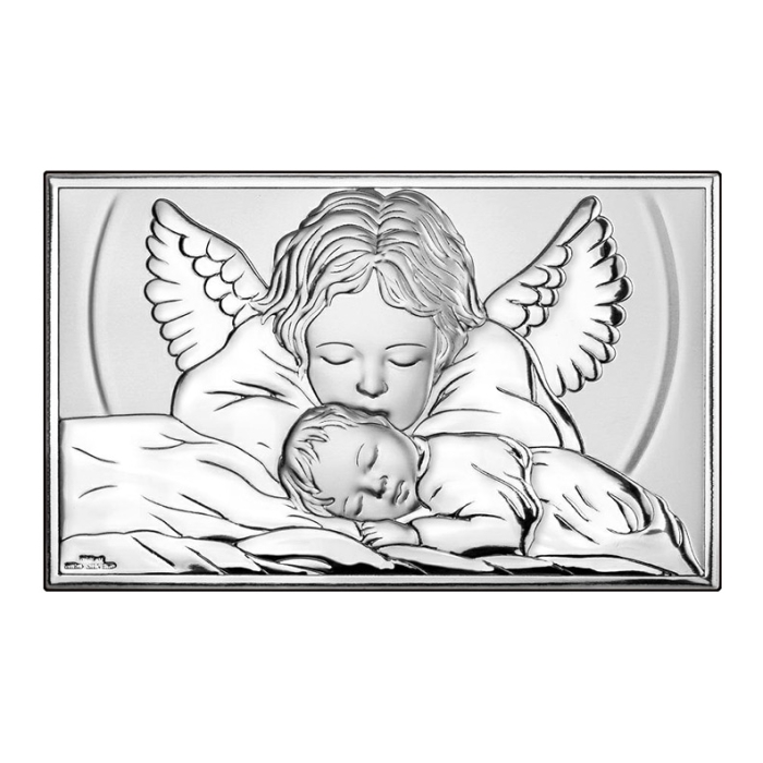 Engelchen über Kind Silberbild zur Taufe Beltrami