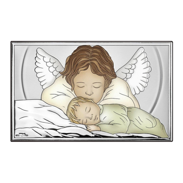 Engelchen über Kind Silberbild zur Taufe Beltrami